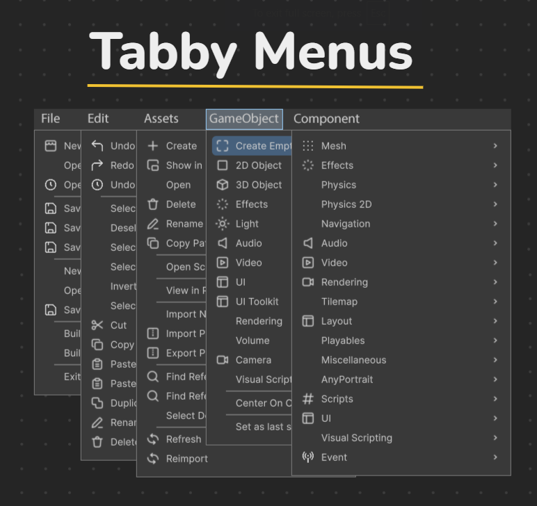 Tabby Menus - Enhanced title bar menus for Unity
